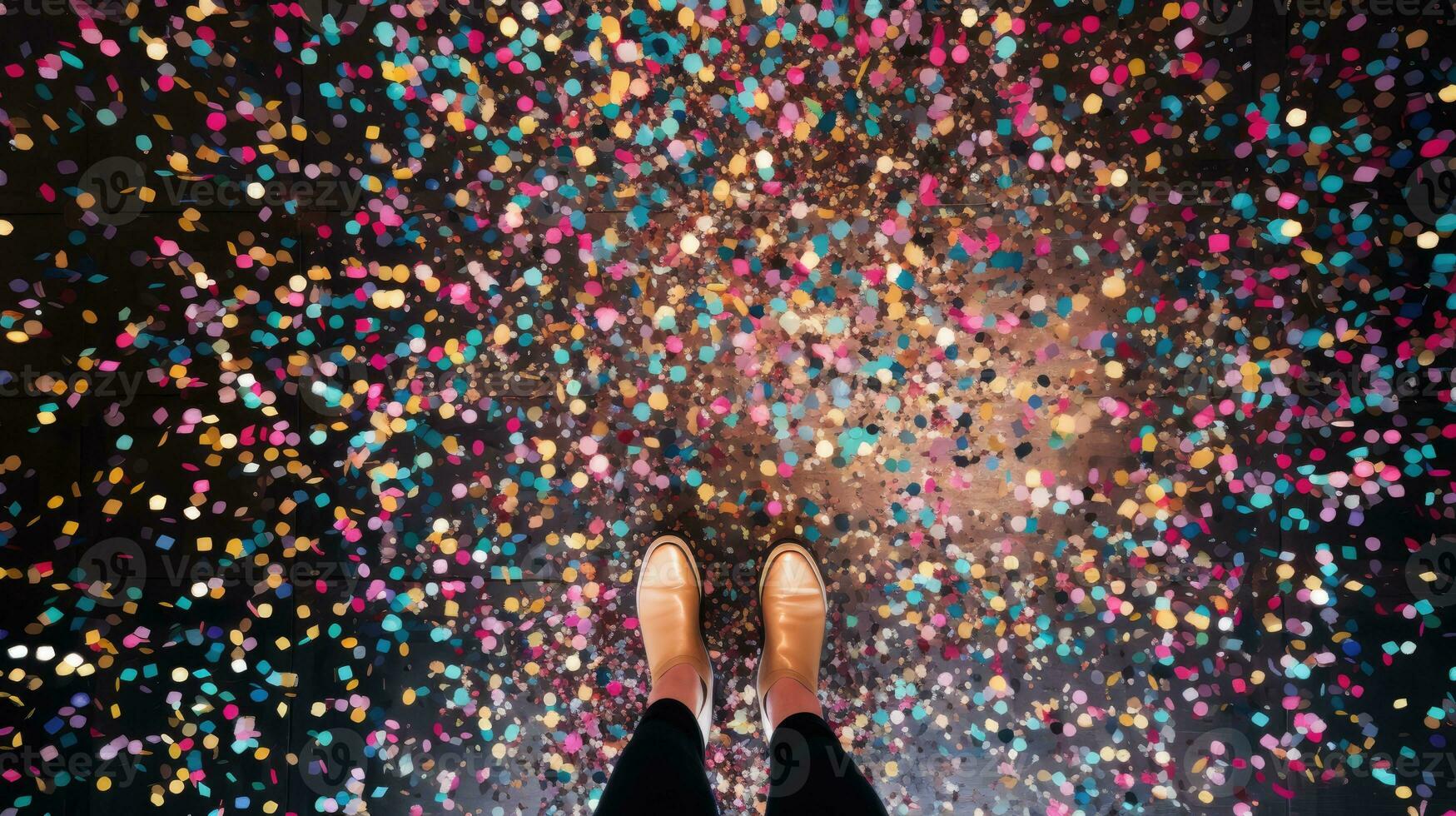 fundo chão com brilhando confete e pernas. limpeza acima depois de a festa foto