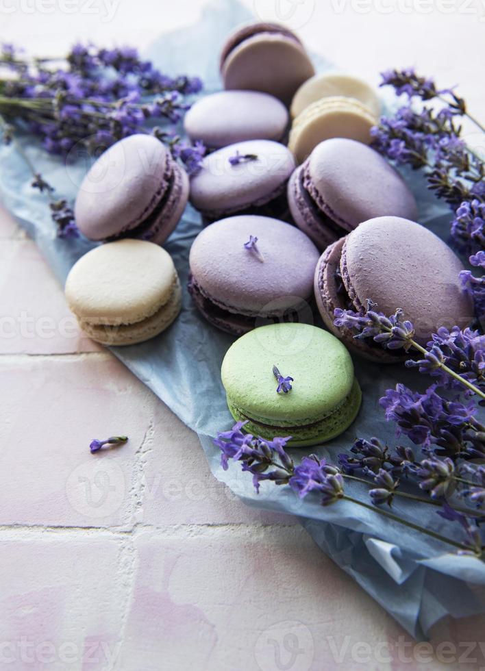 Macarons franceses com sabor de lavanda e flores frescas de lavanda foto