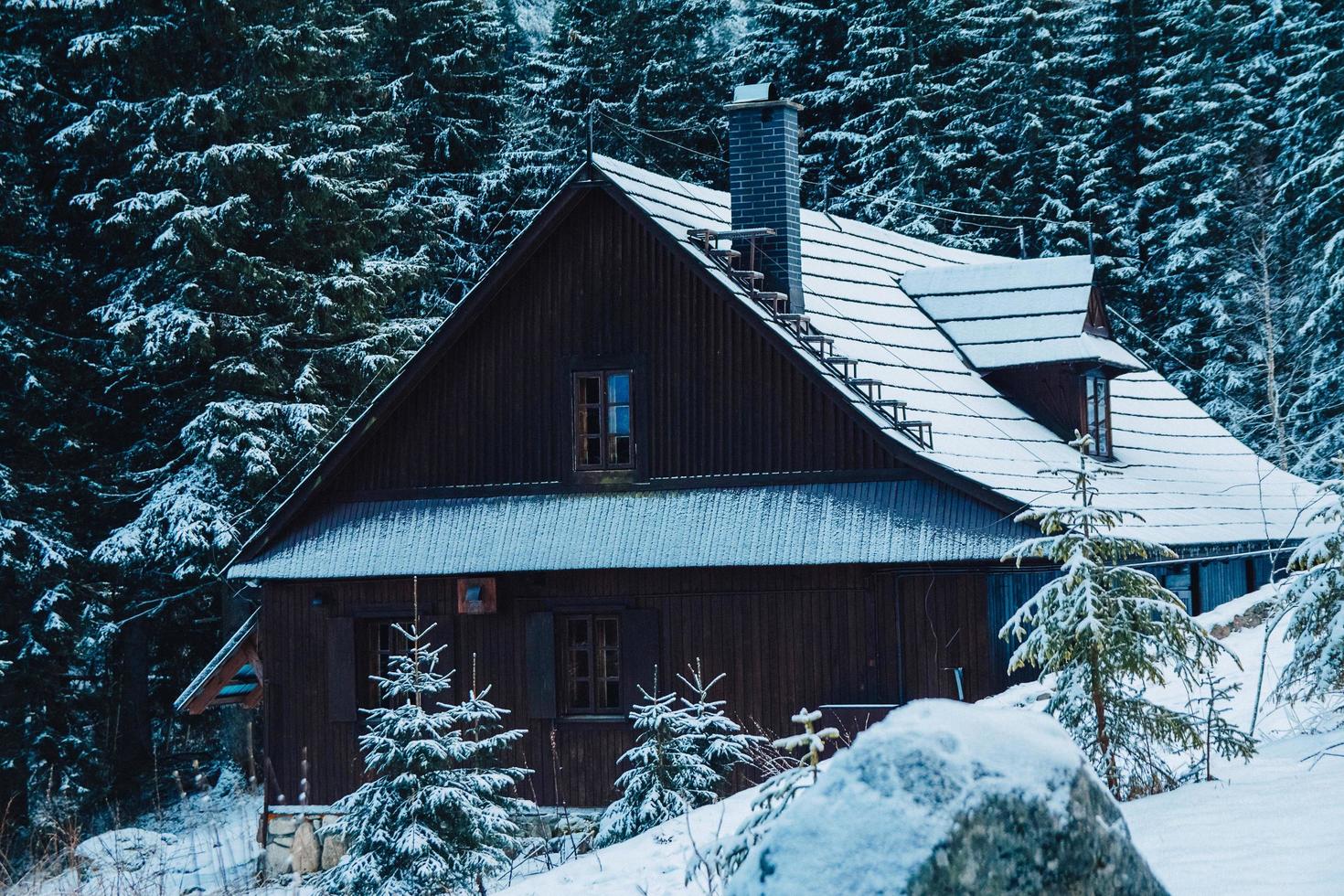 casa de madeira na montanha coberta de neve fresca nas montanhas de inverno foto