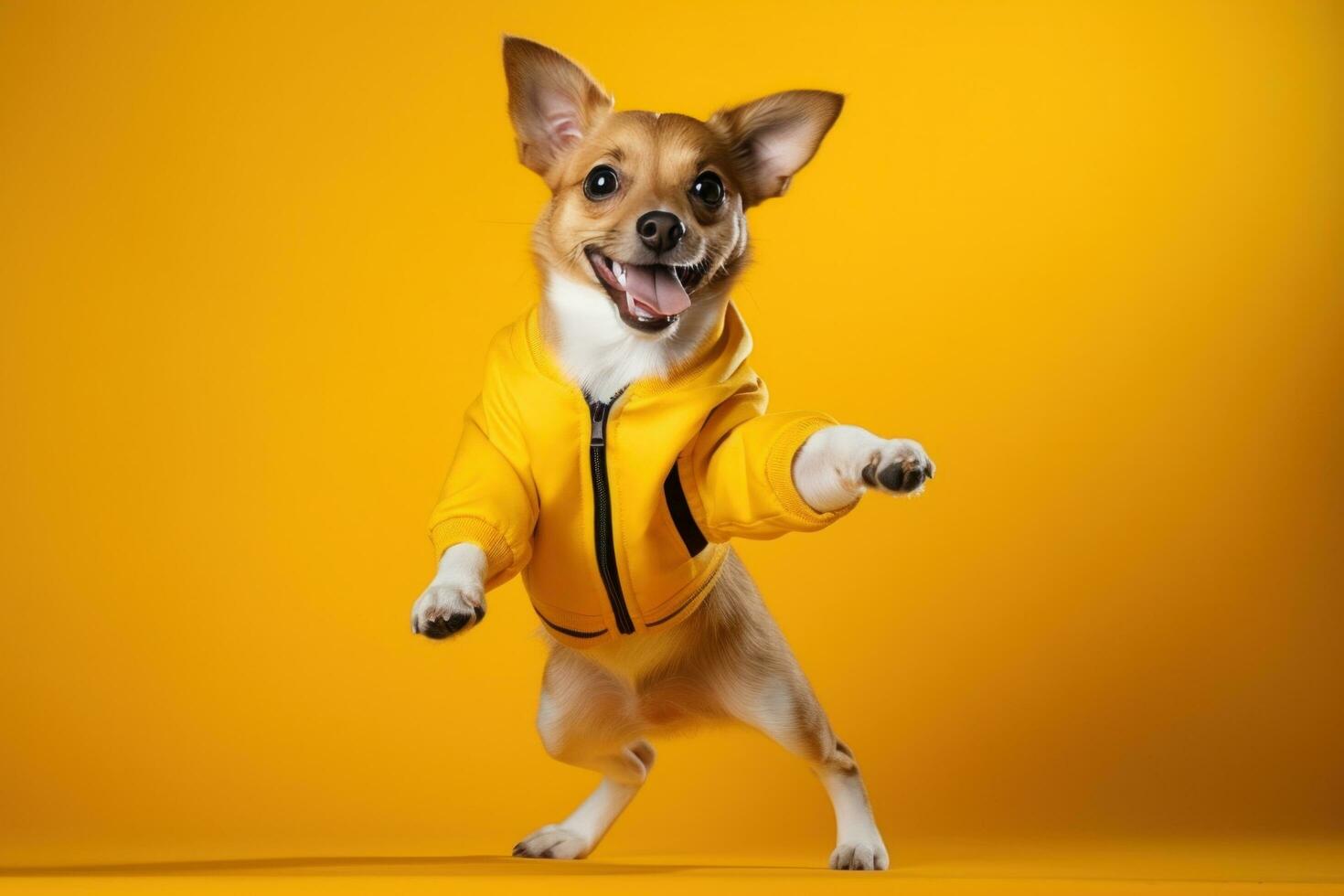 chucky cachorro pulando acima em uma amarelo fundo foto