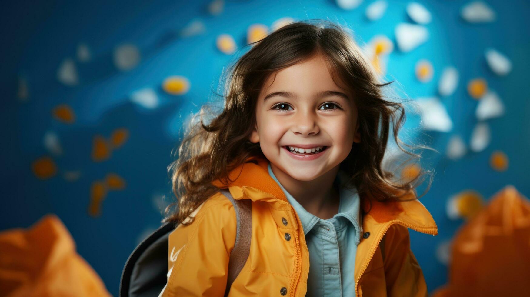 costas para escola. feliz jovem menina em uma azul foto