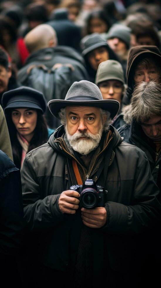 fotógrafo com uma Câmera entre uma multidão do pessoas em a rua foto