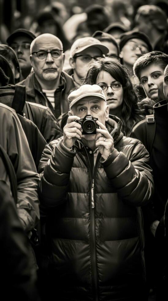 fotógrafo com uma Câmera entre uma multidão do pessoas em a rua foto