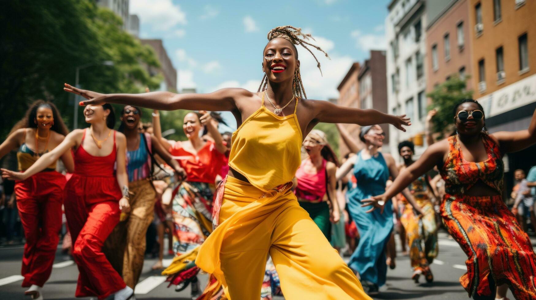 uma grupo dançarinos entre a multidão em a rua foto