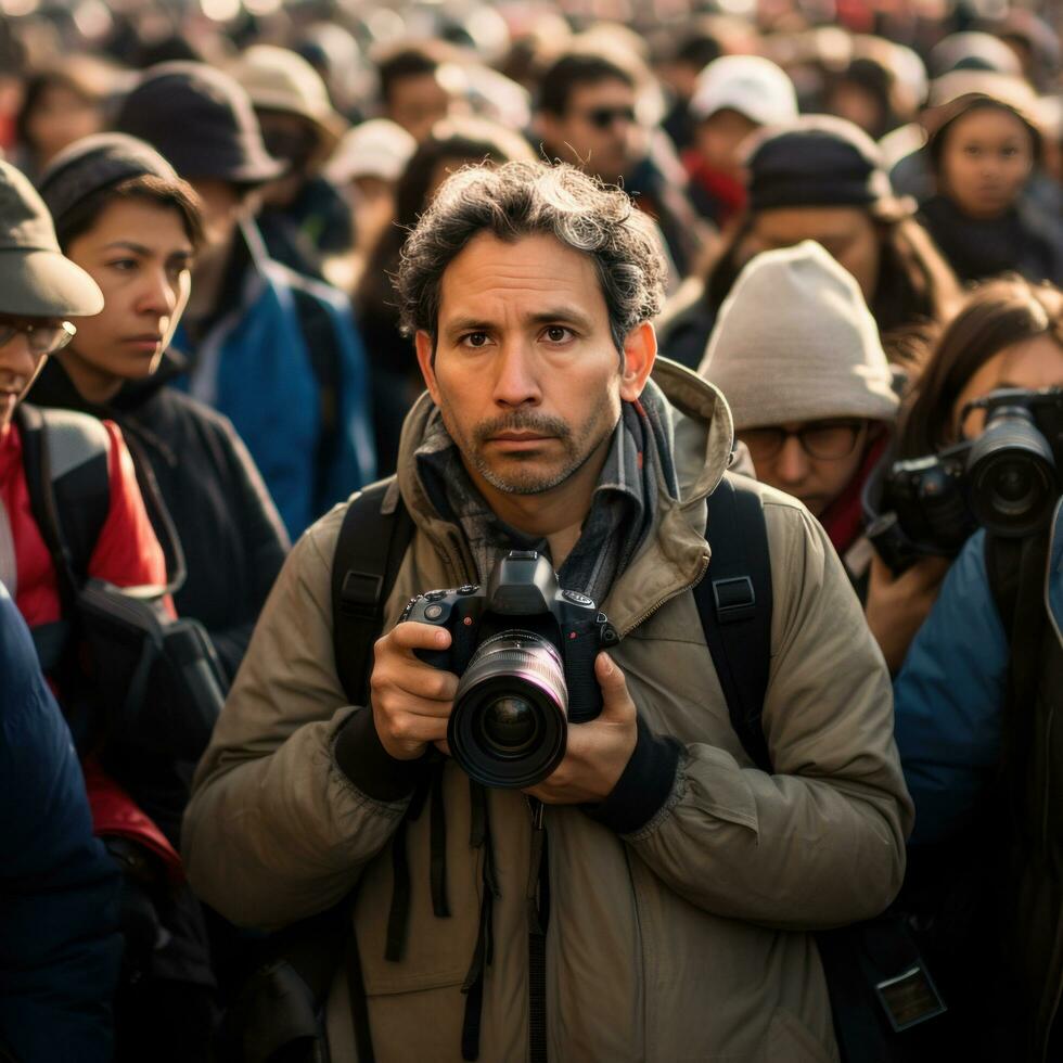 fotógrafo com uma Câmera entre uma multidão do pessoas em a rua foto