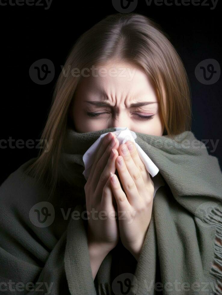 mulher é mostrando sofrimento a partir de frio com escorrendo nariz em cinzento fundo ai generativo foto