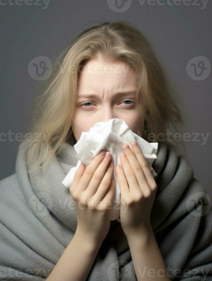 mulher é mostrando sofrimento a partir de frio com escorrendo nariz em cinzento fundo ai generativo foto