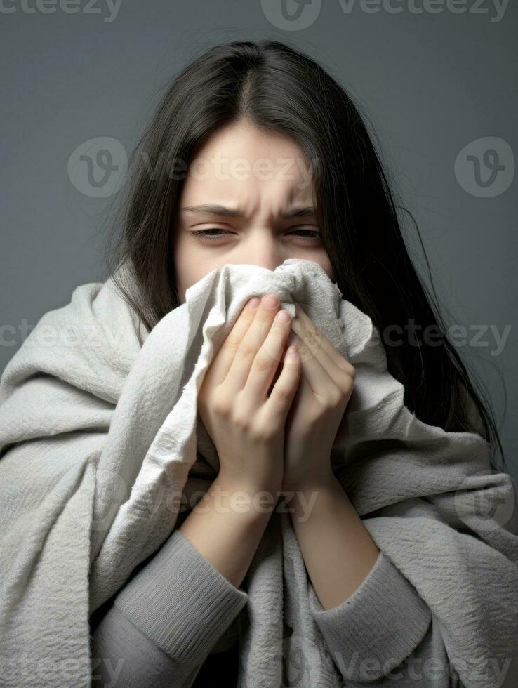 mulher é mostrando sofrimento a partir de frio com escorrendo nariz em cinzento fundo ai generativo foto