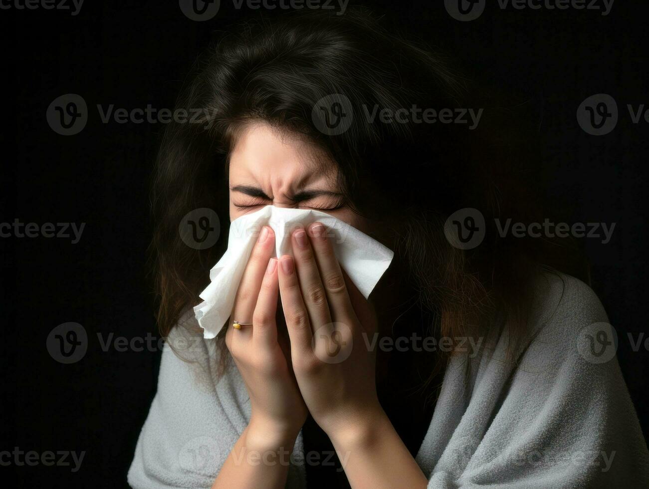 mulher é mostrando sofrimento a partir de frio com escorrendo nariz em cinzento fundo ai generativo foto