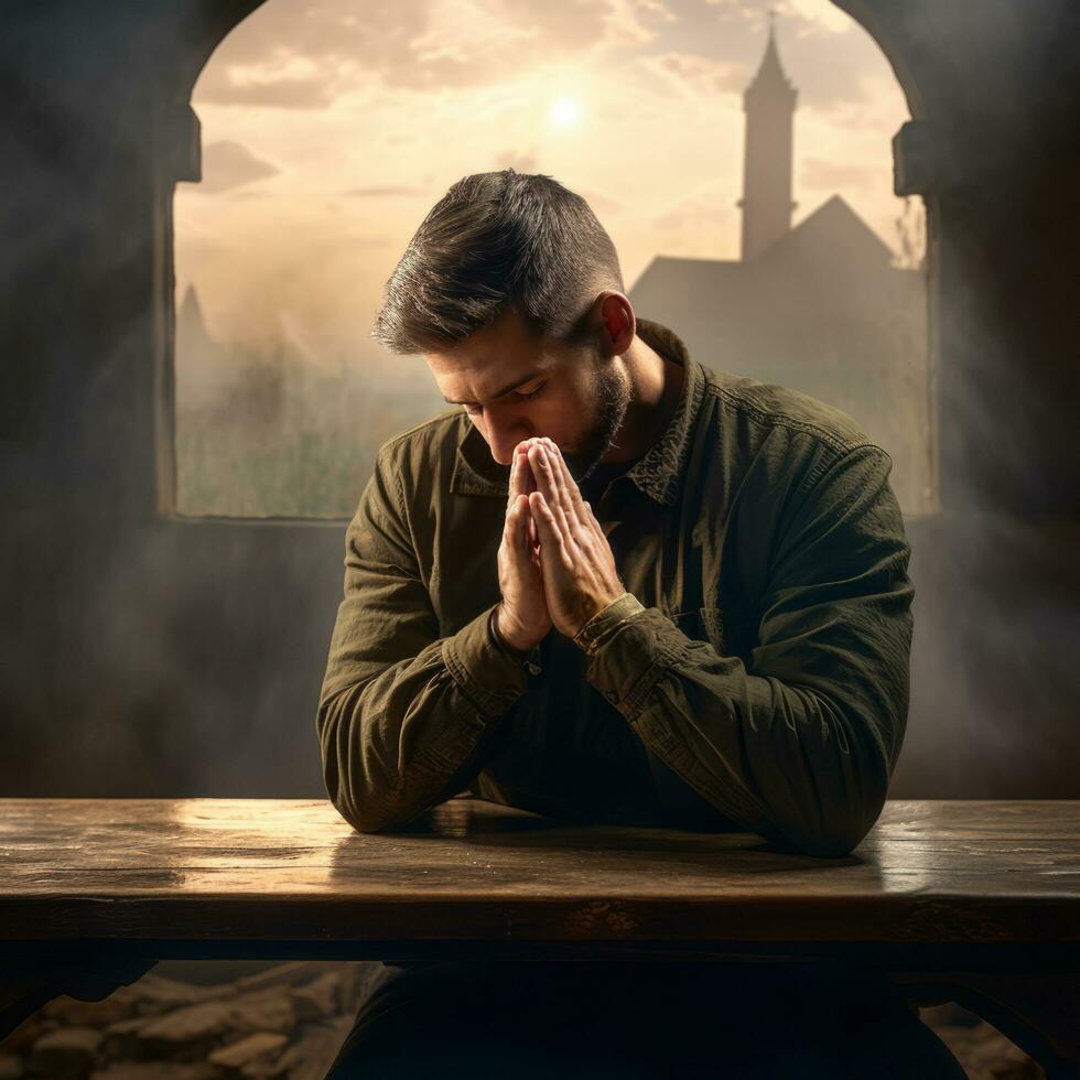 jovem homem dentro silencioso oração dentro Igreja - ai gerado foto