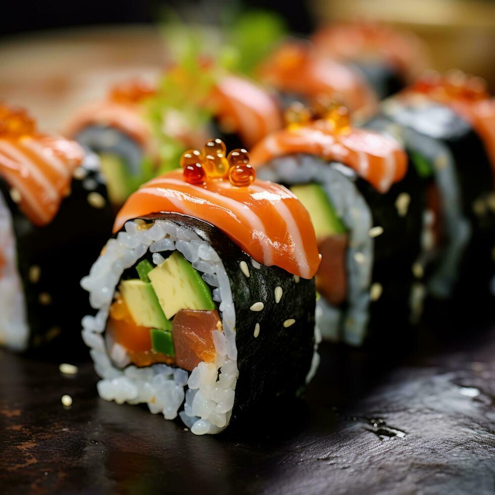 delicioso Sushi lista com vermelho peixe e caviar - ai gerado foto