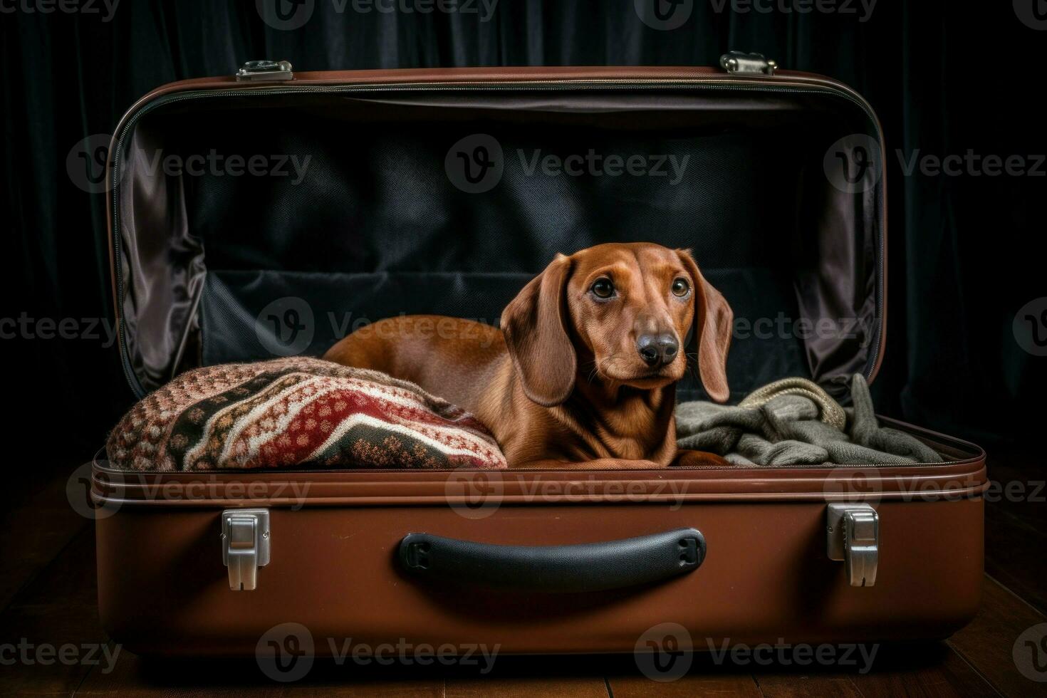 curioso cachorro sentar às aberto mala. período de férias viagem foto