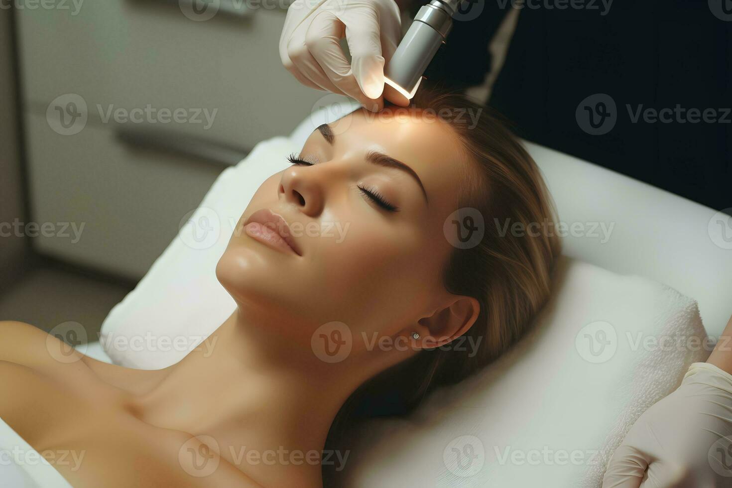 uma mulher desfrutando uma relaxante facial massagem às uma profissional beleza salão. ai gerado foto