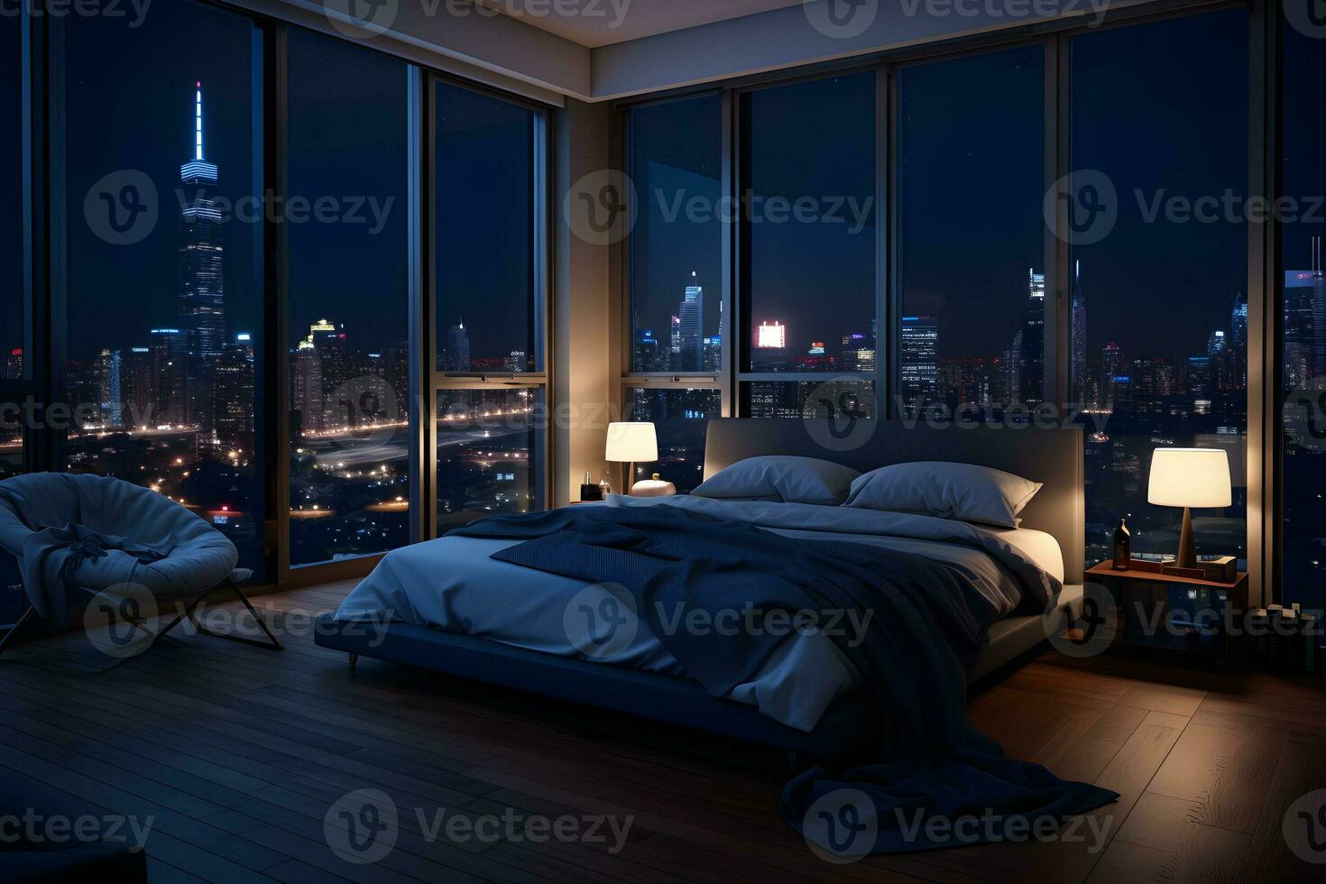 uma quarto com uma tirar o fôlego Visão do a cidade luzes às noite. ai gerado foto