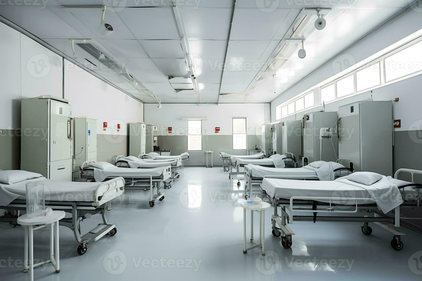 ampla e brilhante multipessoa hospital enfermaria dentro uma moderno militares hospital. camas dentro a quarto estão dentro 2 linhas. ai generativo foto