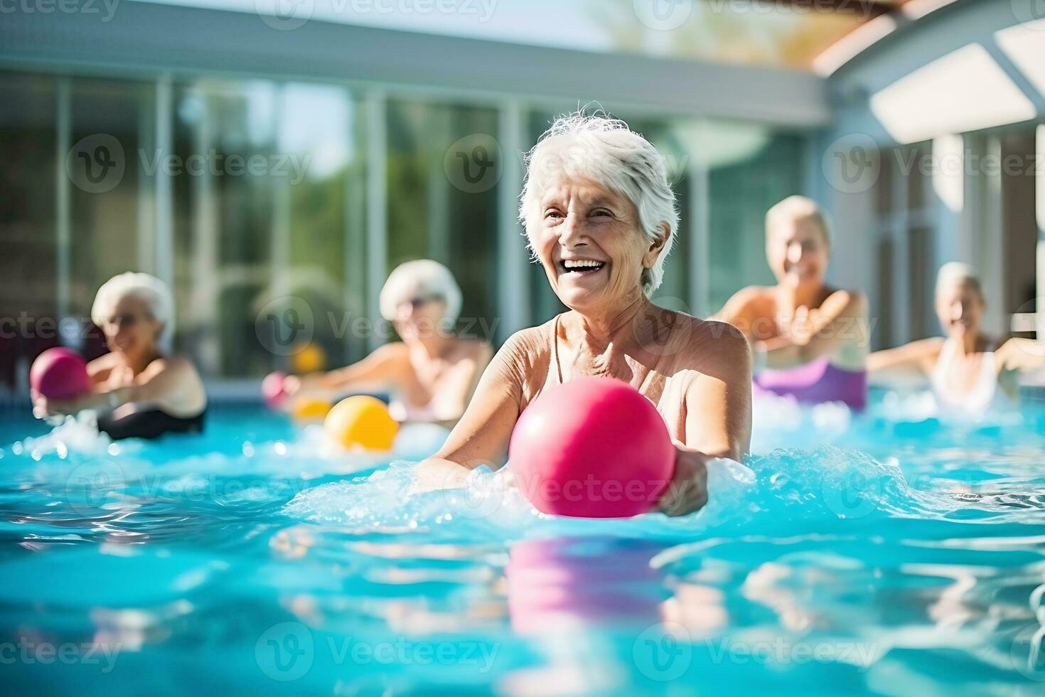 idosos feliz mulheres Faz água aeróbica com colorida bolas. mulheres Veja às a instrutor e repetir a exercícios. ai generativo foto