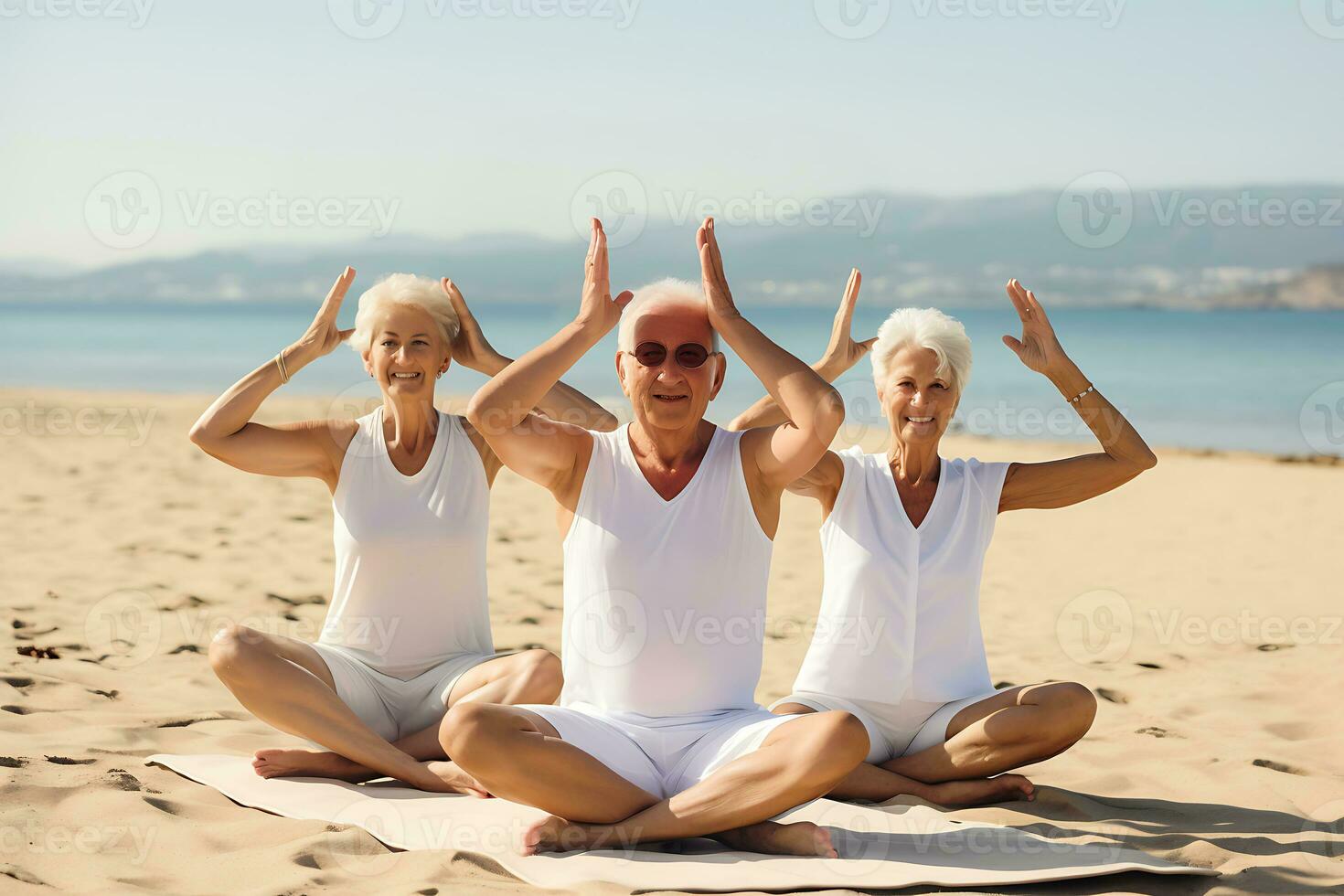 ai generativo. grupo do idosos fazendo ioga em a de praia dentro ensolarado clima. horizontal foto