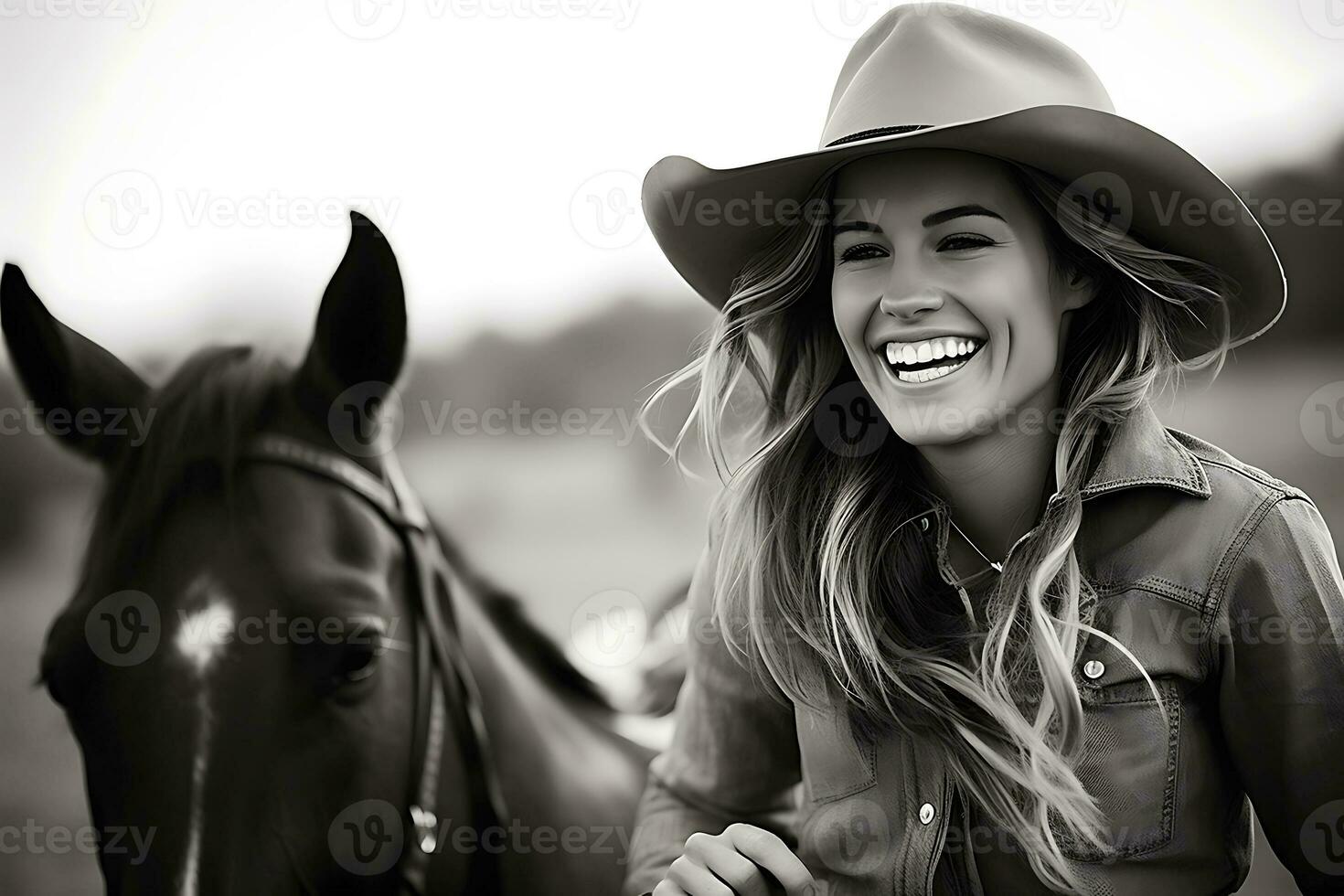 ai generativo. uma jovem vaqueira mulher dentro uma vaqueiro chapéu ri. fotografia dentro Preto e branco. horizontal foto