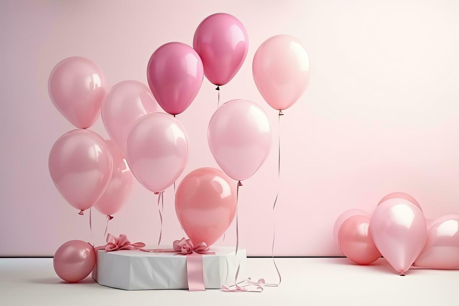 Rosa balões e presente caixa em pastel Rosa parede fundo. 3d Renderização, feliz aniversário letras em Rosa balões fundo, feriado e celebração conceito, ai gerado foto