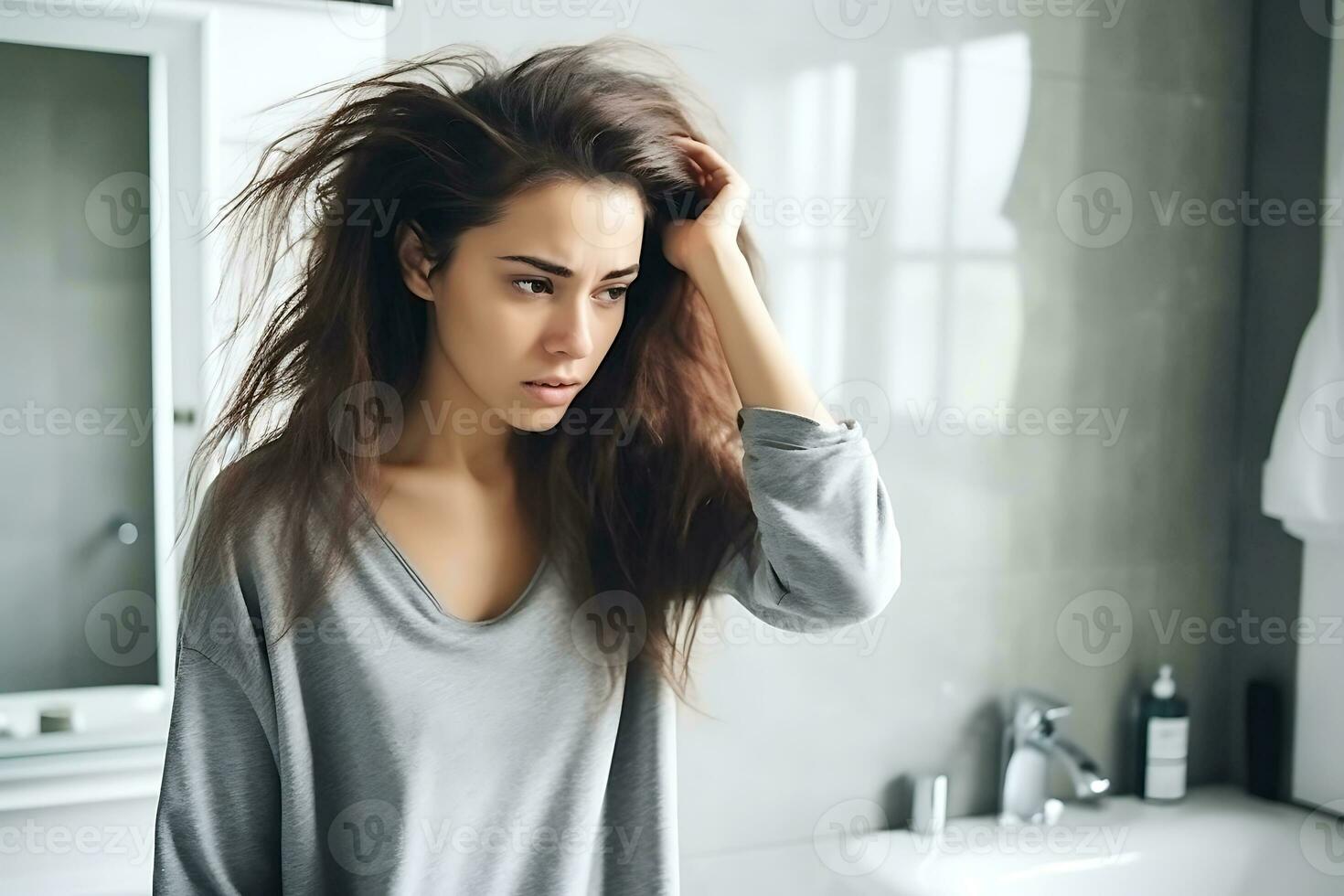 ai generativo. jovem mulher parece dentro espelho toque cabelo sente preocupado vencimento para recuando, seco, maçante cabelo. cabelo perda comum cabelo problema prevenção, alopecia tratamento de Anúncios, foto