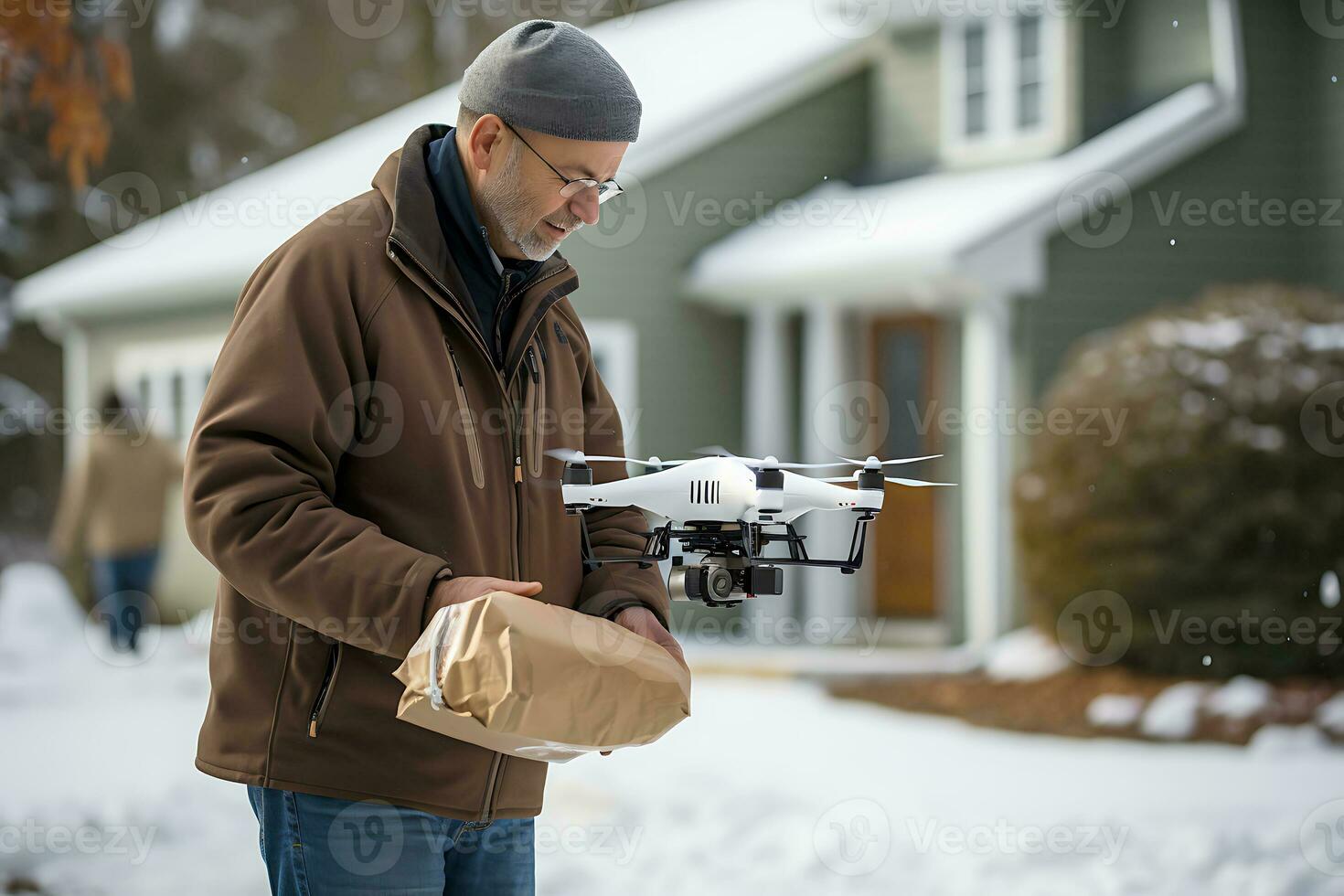 ai generativo. uma zangão entrega a ordem dentro uma pacote para a porta do uma casa dentro Nevado inverno clima. uma homem dentro frente do a casa recebe a ordem foto