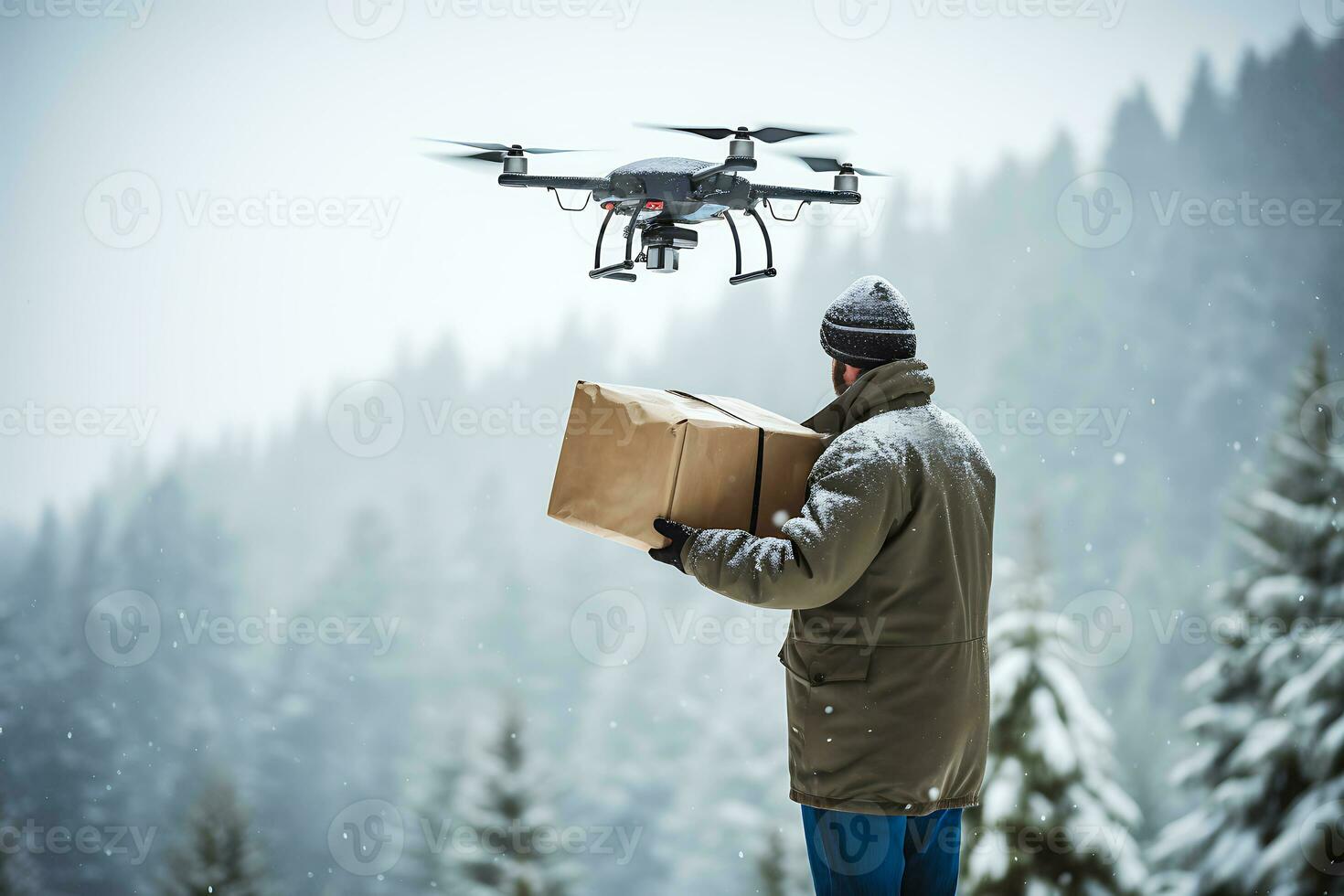 ai generativo. zangão Entrega do ordens para turistas dentro a inverno floresta foto