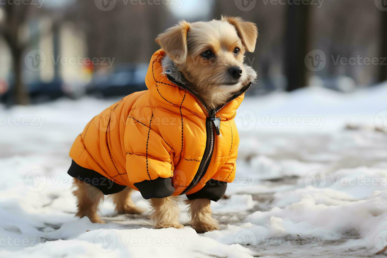 ai generativo. pequeno doméstico cachorro dentro uma caloroso laranja Jaqueta posando em uma cidade rua dentro inverno foto