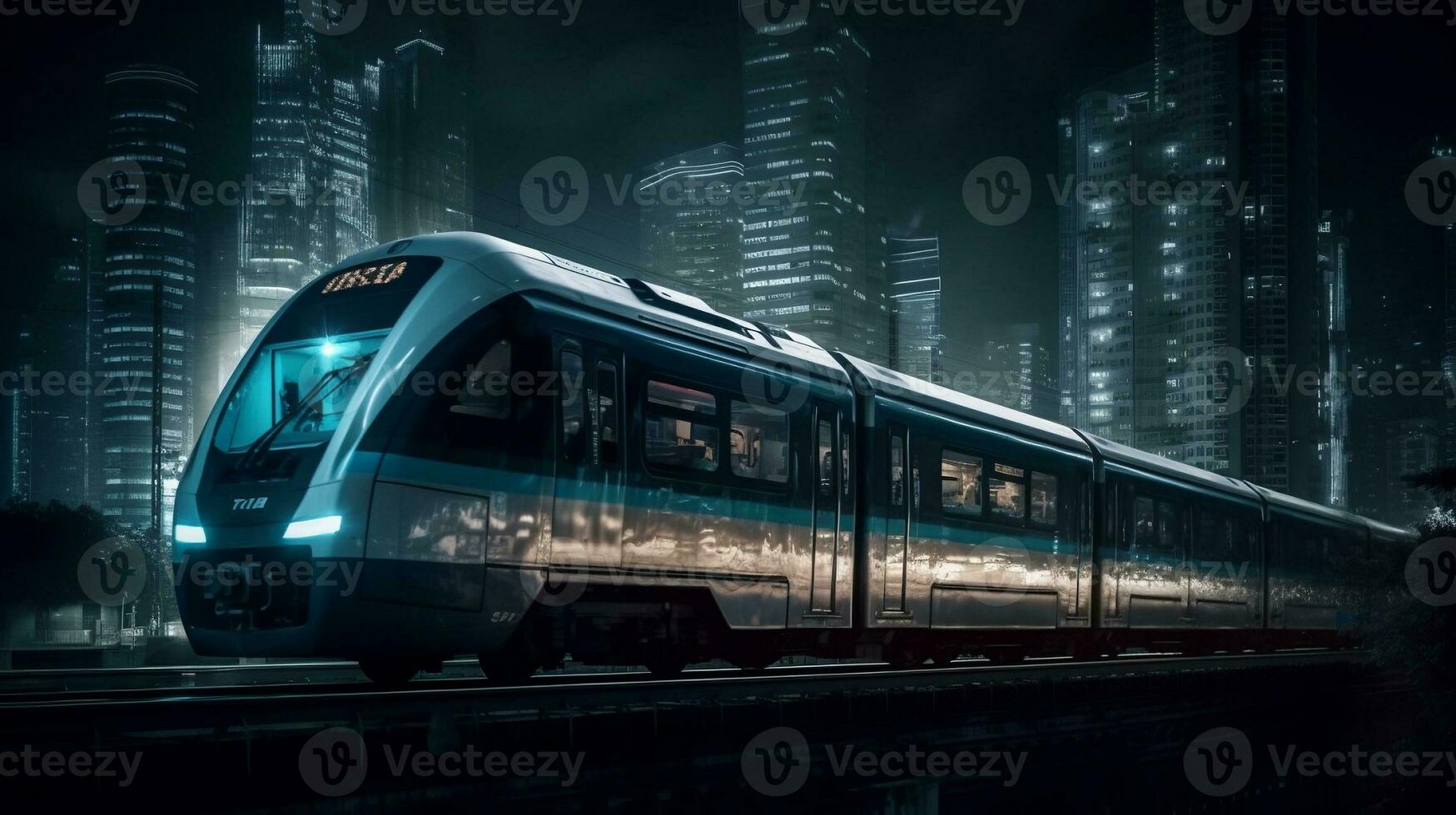 alta velocidade trem corrida através uma lindo cidade às noite, borrado paisagem urbana dentro a fundo. criada com generativo ai foto