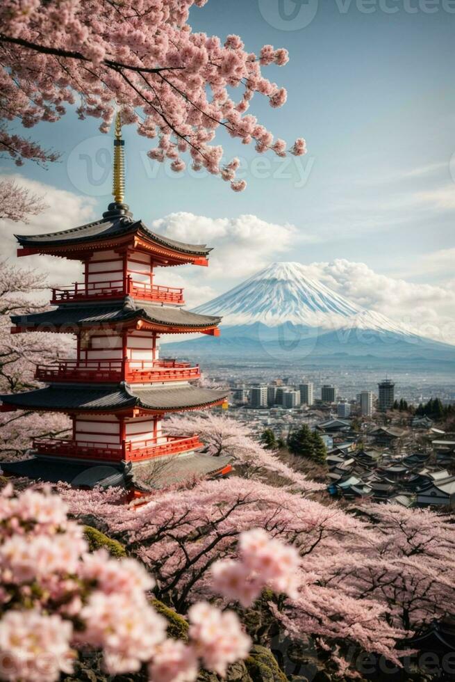 mt Fuji e cereja Flor às kawaguchiko lago dentro Japão, ai generativo foto