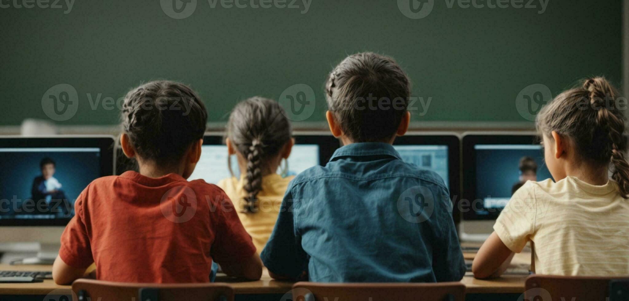 grupo do crianças sentado dentro sala de aula, costas visualizar. elementar escola Educação, ai generativo foto