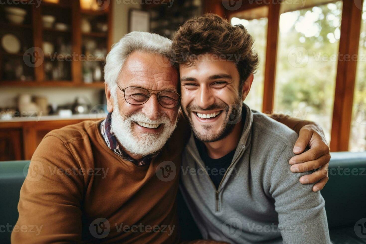 feliz pai e filho apreciar ficando casa em do pai dia com família amor., ai generativo foto