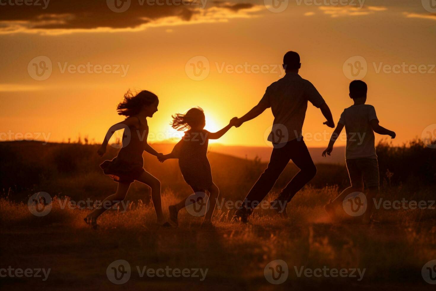 alegre pôr do sol corre com pai e crianças. generativo ai foto