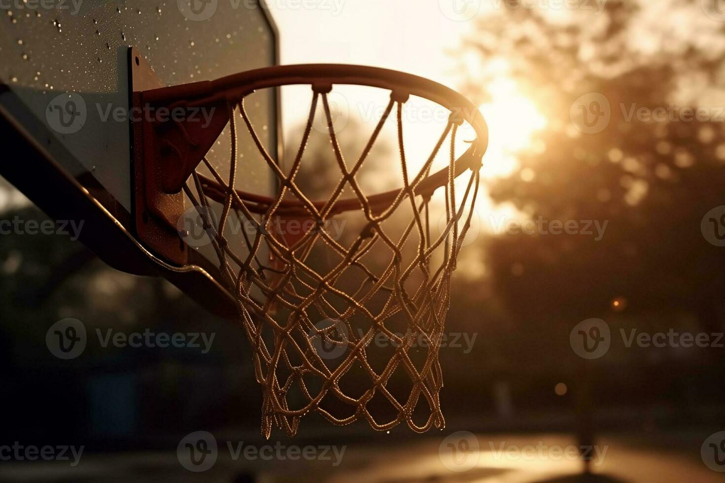 pôr do sol basquetebol fechar-se do uma basquetebol aro dentro caloroso tarde claro. criada com generativo ai foto