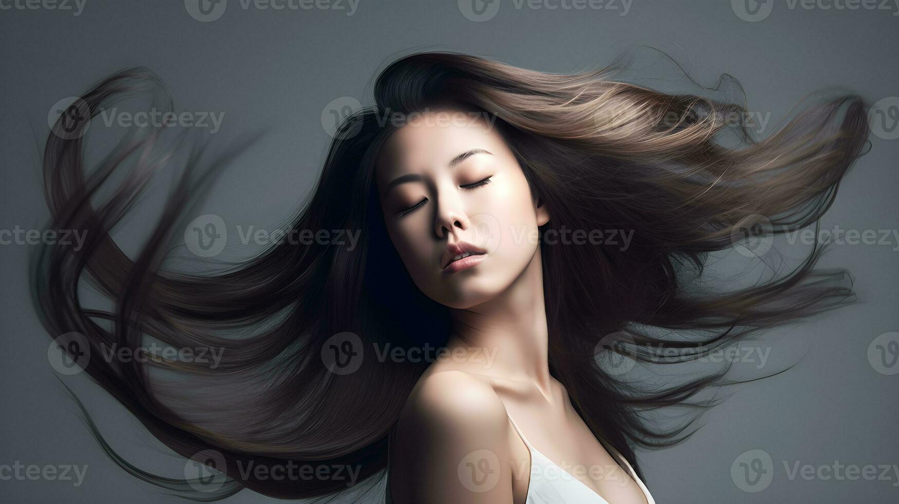 dinâmico cabelo retrato do uma jovem mulher modelo posando com oscilante cabeça movimento. criada com generativo ai foto