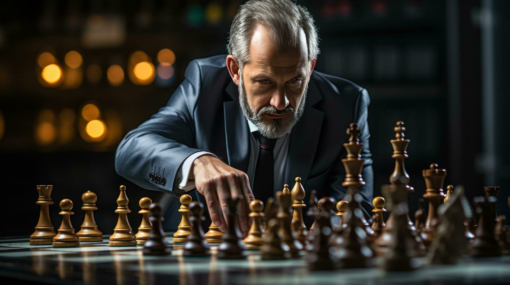 uma fotografia apresentando uma homem de negocios estrategicamente comovente uma xadrez peça em uma borda jogos foto