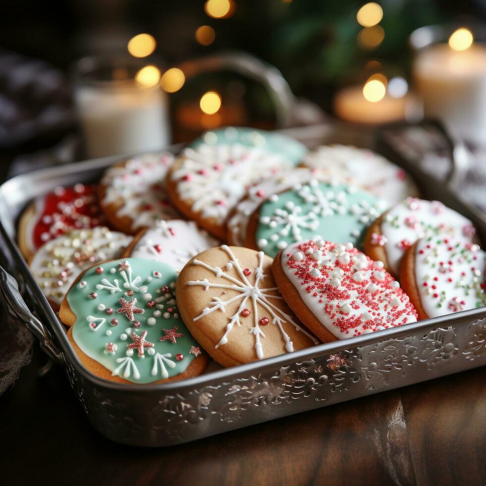 fechar-se do uma bandeja do belas decorado Natal biscoitos foto