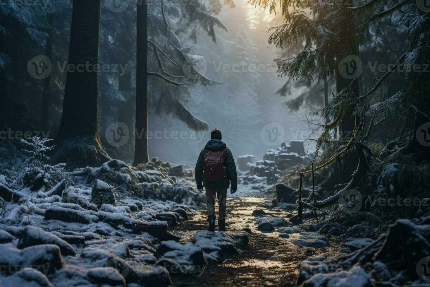 só andarilho abraçando solidão dentro uma sereno neve coberto floresta panorama foto