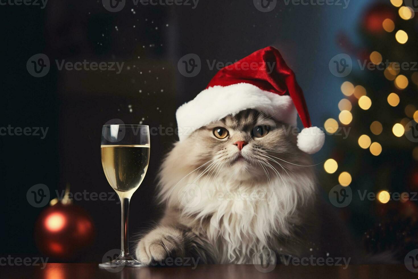 fofo gato dentro santa claus chapéu com uma vidro do champanhe perto Natal árvore. Natal e Novo ano celebração. ai gerado. foto