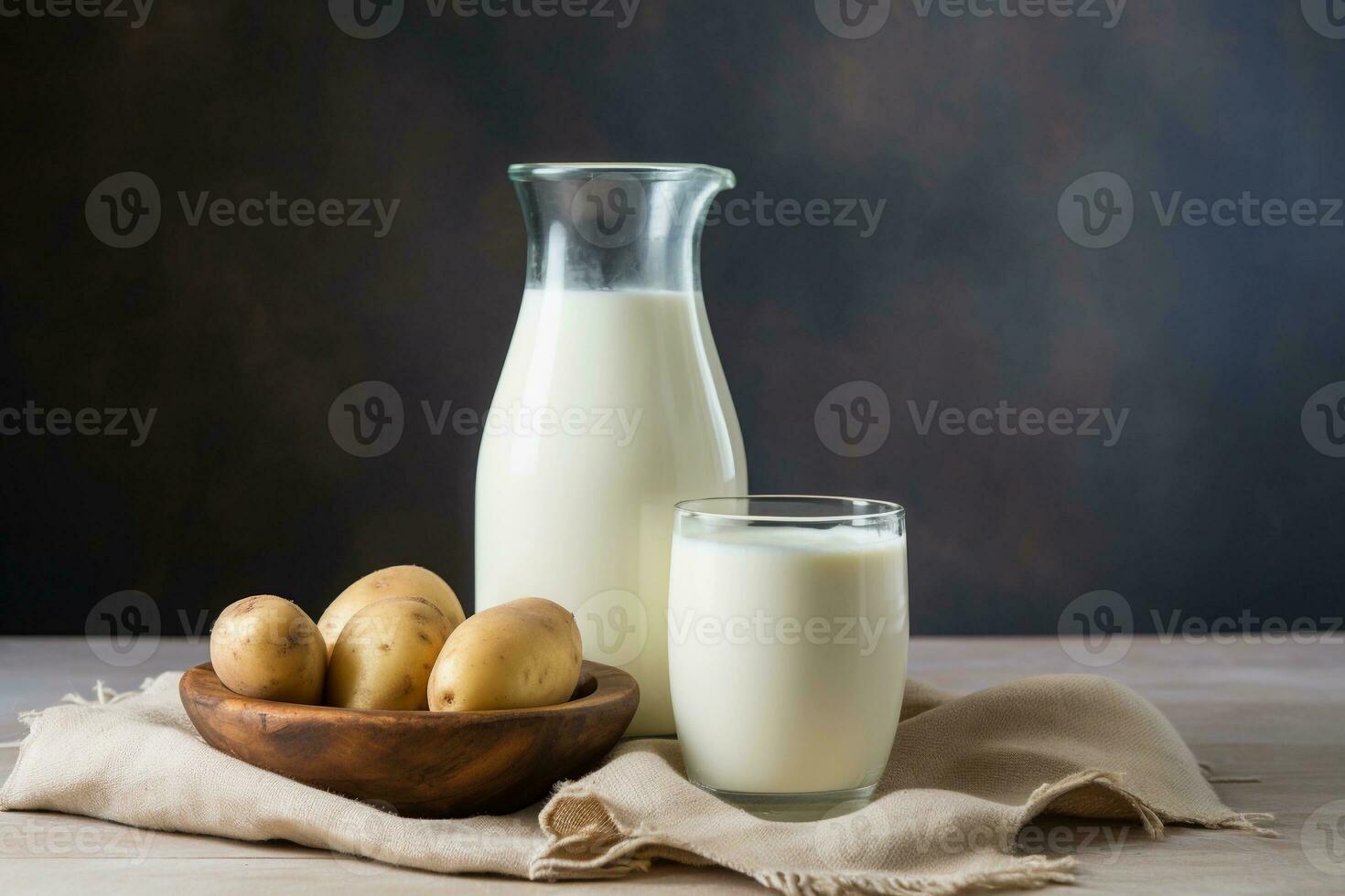 jarro e vidro do batata leite e cru batatas com cópia de espaço. alternativo plantar Sediada leite. saudável Comida. ai gerado. foto
