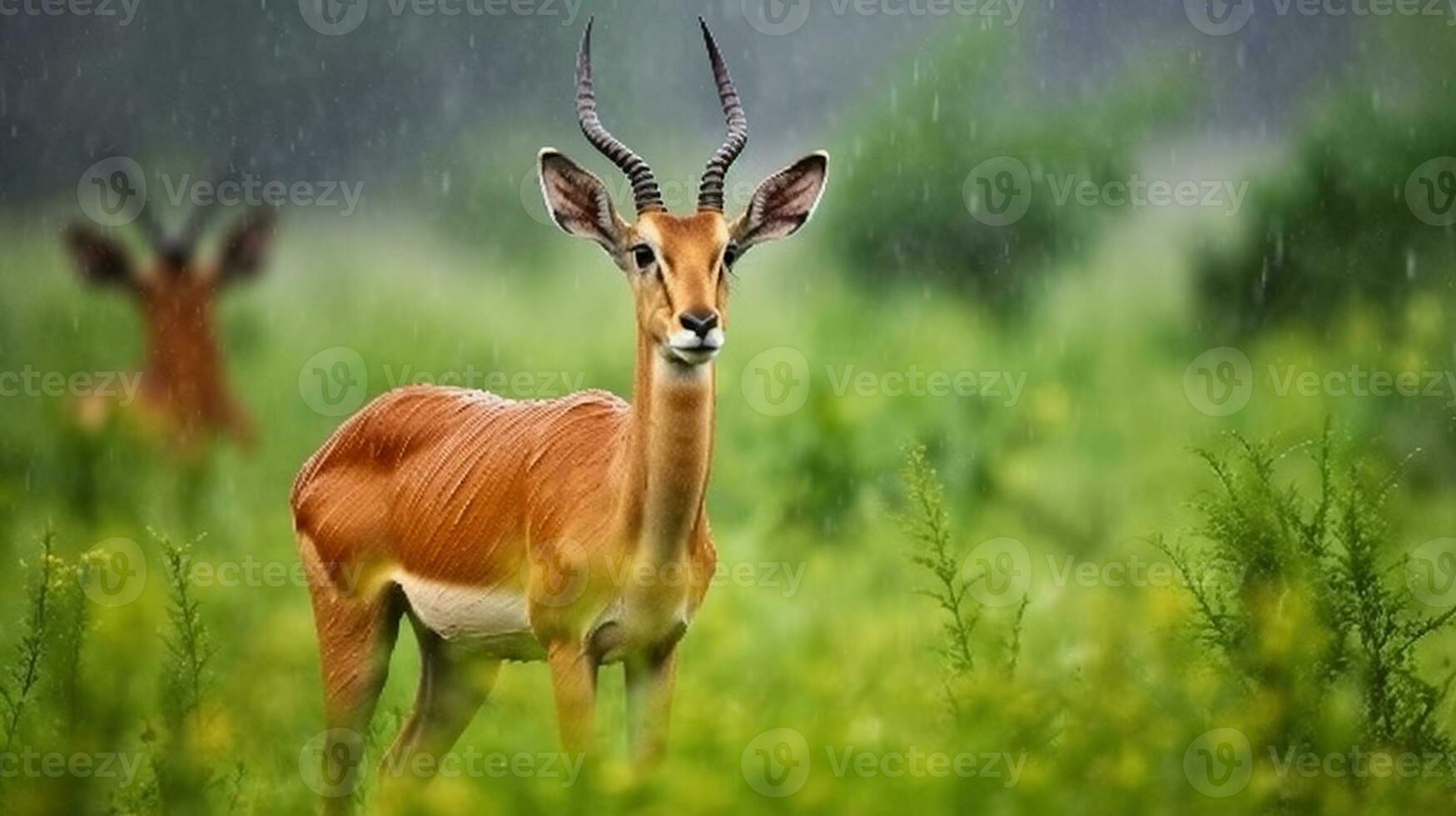 gracioso animais selvagens, cativante kob antílope dentro Está natural habitat, próspero dentro a chuva. generativo ai foto