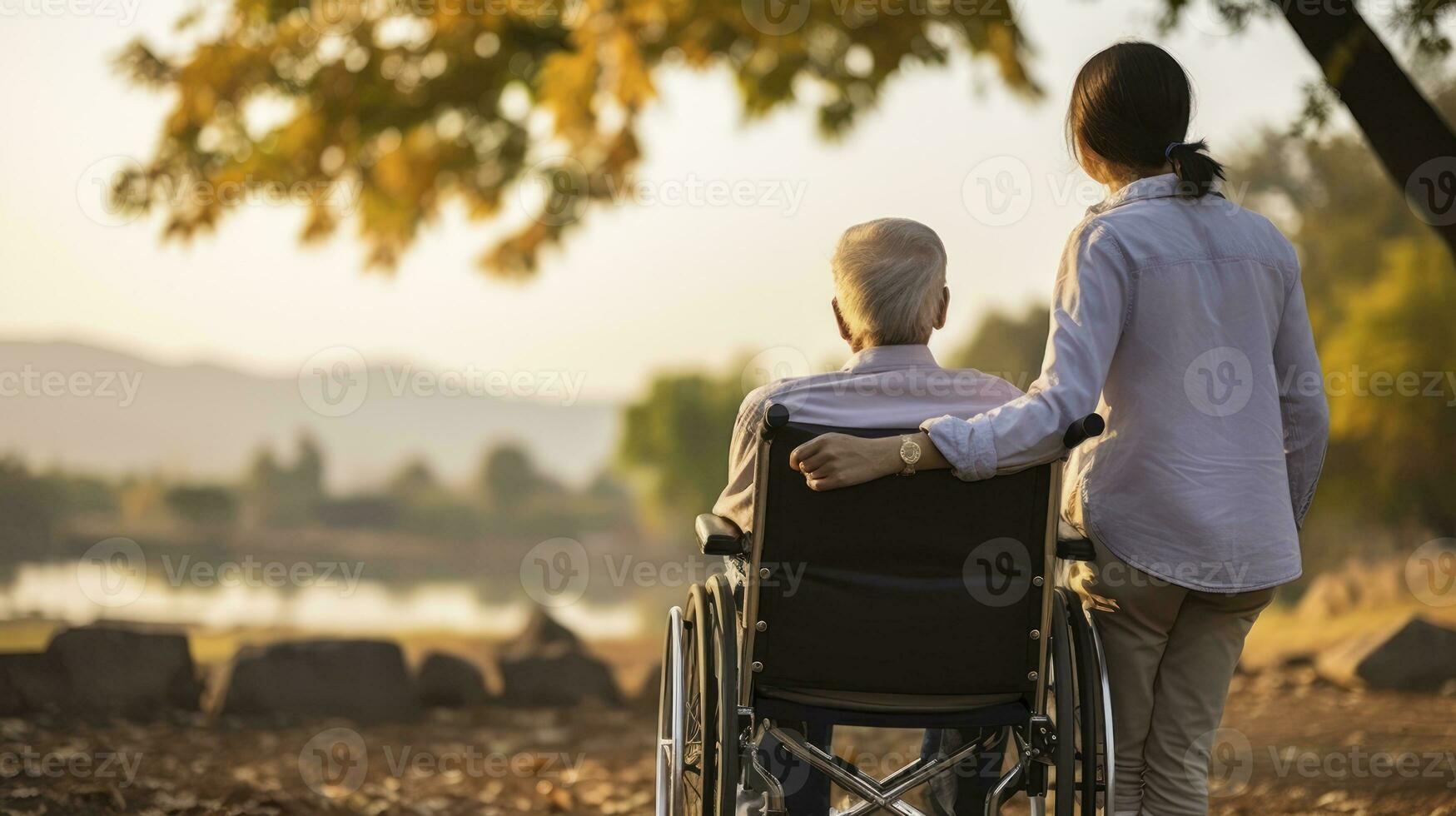 costas Visão cadeira de rodas velho homem e uma ajudante. generativo ai foto