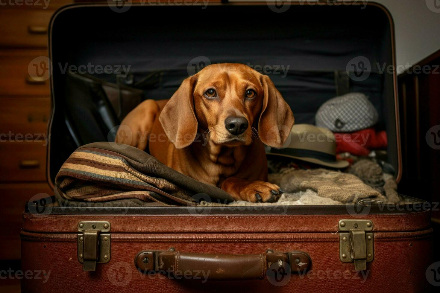 paciente cachorro sentar às aberto mala. período de férias viagem foto