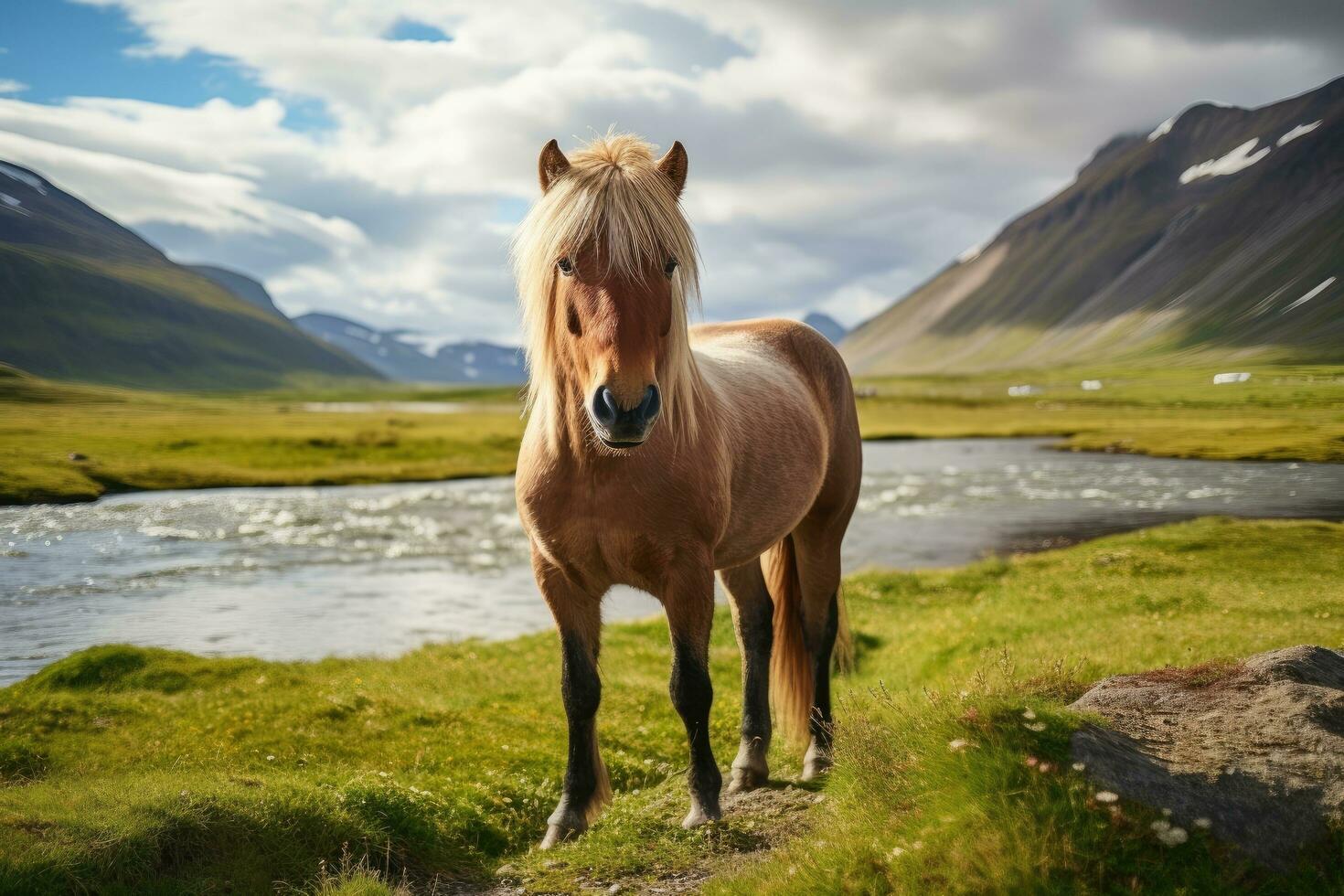 islandês cavalo em pé em a costa do uma montanha rio, islandês cavalo dentro a campo do cênico natureza panorama do Islândia, ai gerado foto