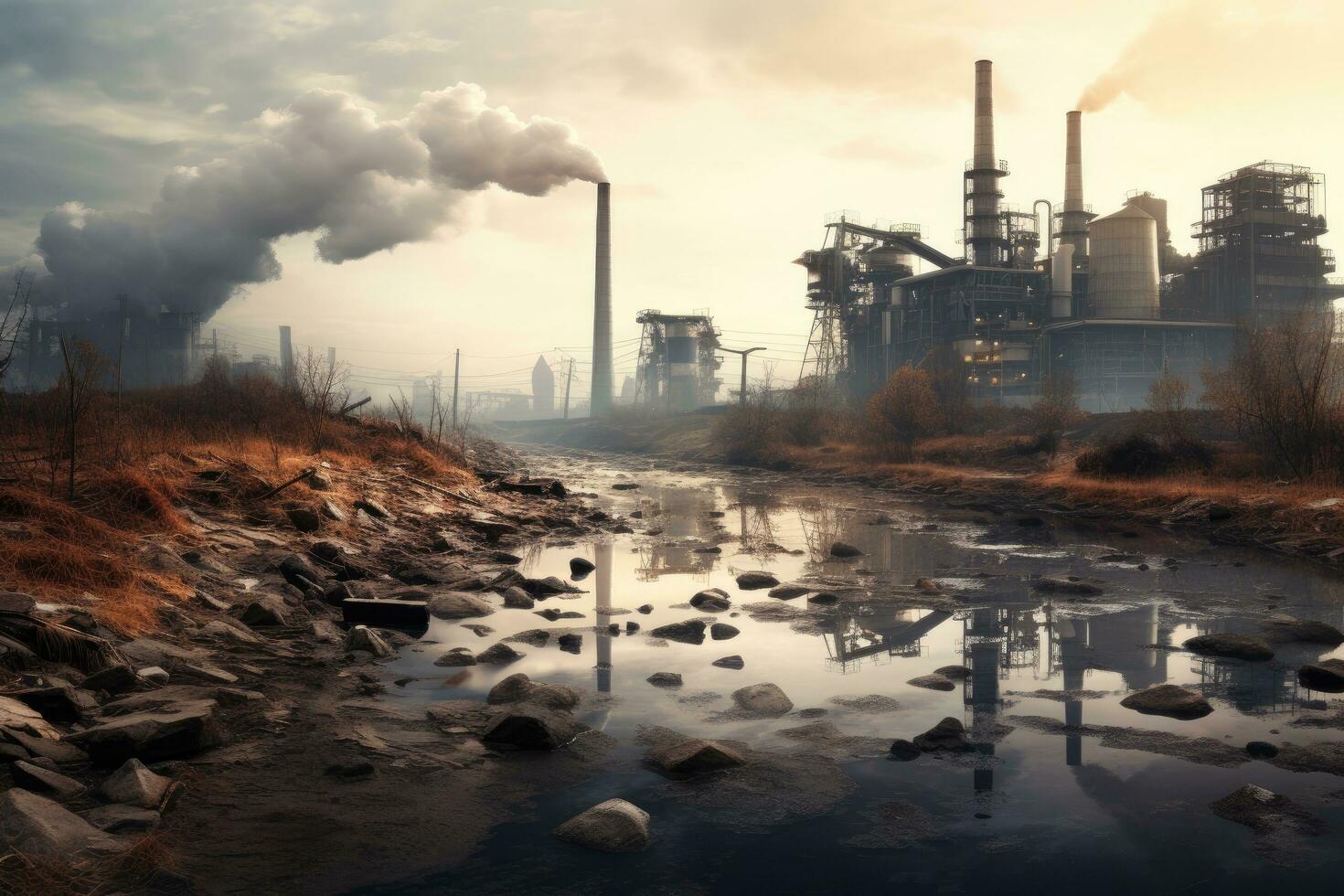 industrial panorama com uma rio e fumar chaminés dentro a névoa, industrial panorama com poluído rio, poluição do a ambiente, de Meio Ambiente desastre, ai gerado foto