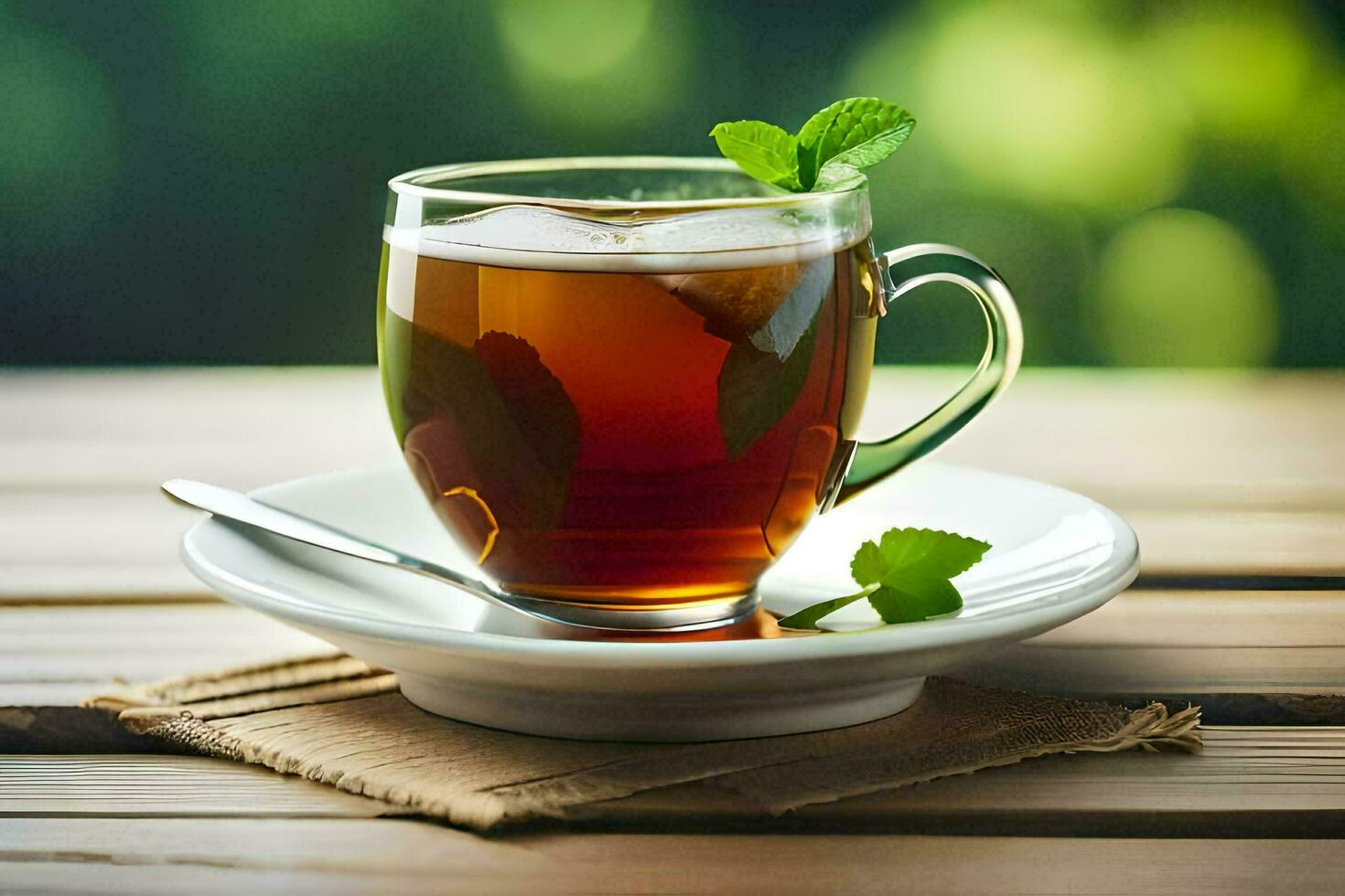 uma copo do chá com hortelã folhas em uma de madeira mesa. gerado por IA foto