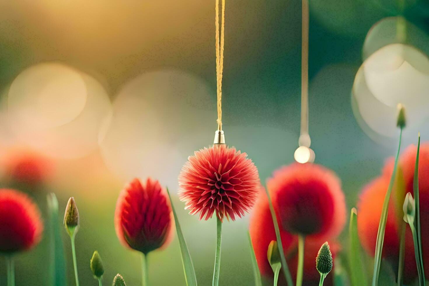 vermelho flores com ouro correntes suspensão a partir de eles. gerado por IA foto