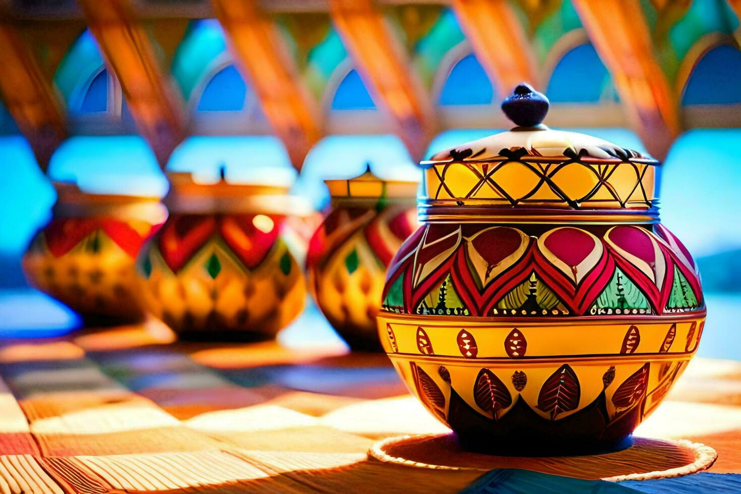 colorida vasos em uma mesa com uma azul céu. gerado por IA foto