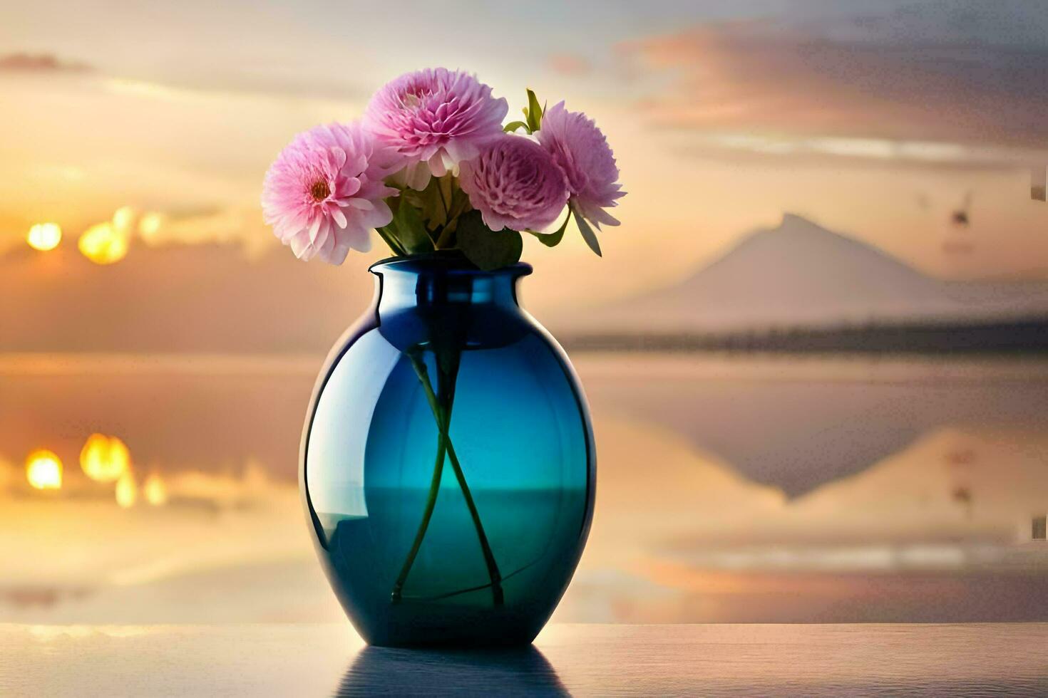 uma azul vaso com Rosa flores sentado em uma mesa. gerado por IA foto