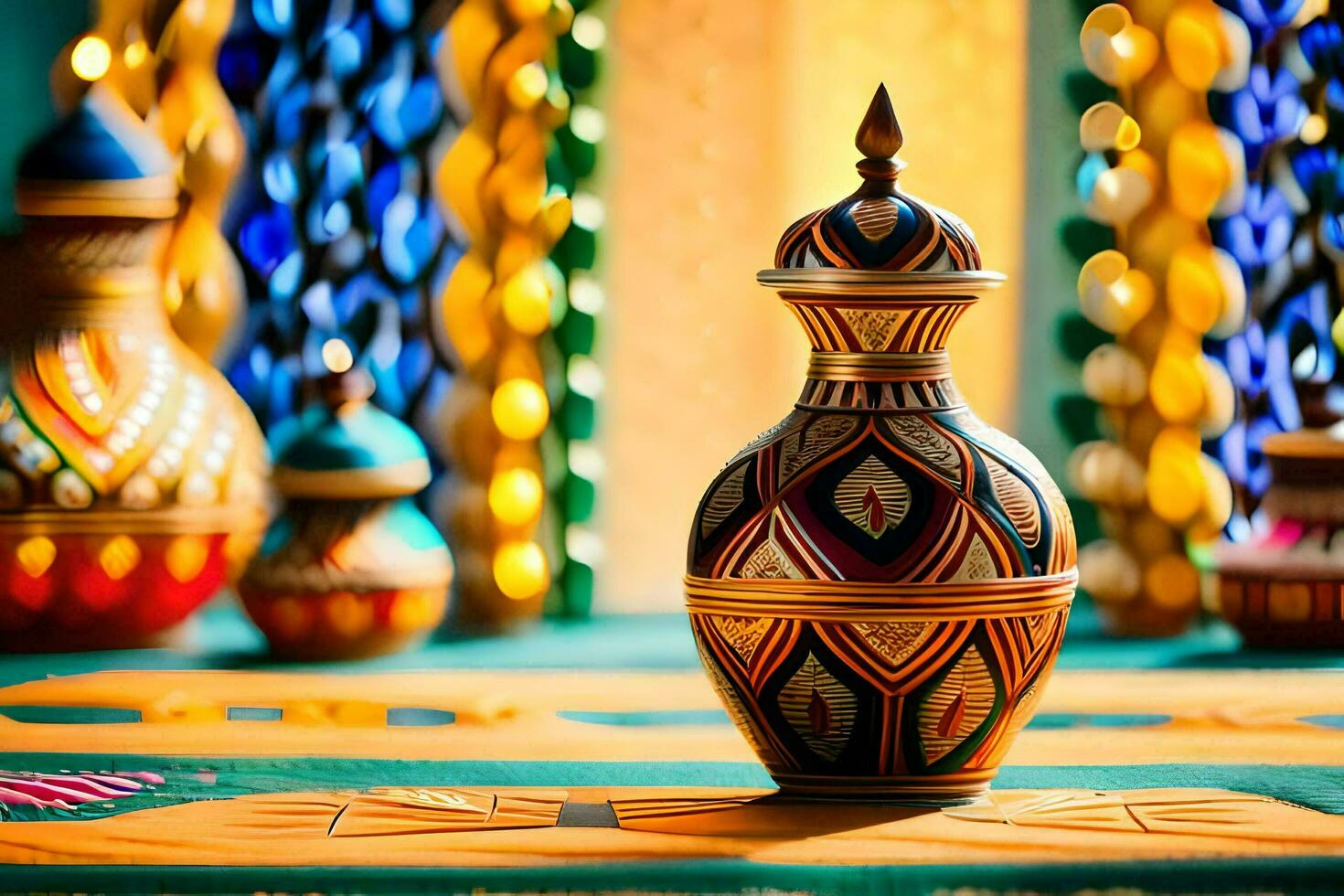colorida vasos em uma mesa com colorida cortinas. gerado por IA foto