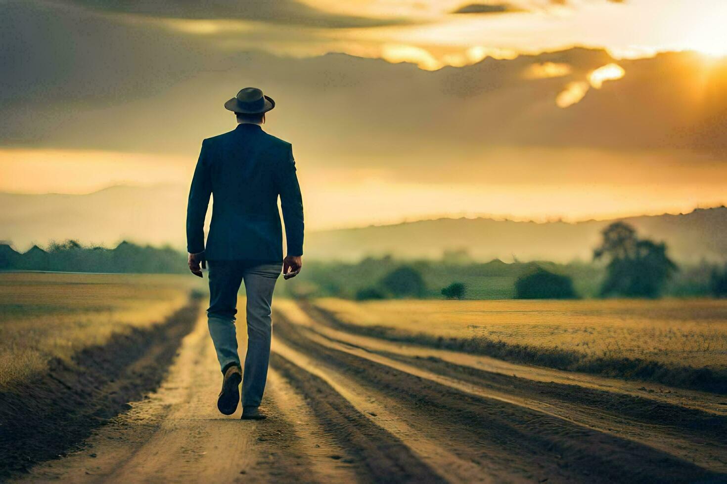 uma homem dentro uma terno e chapéu anda em baixa uma sujeira estrada. gerado por IA foto